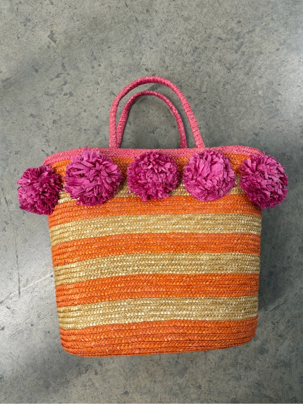 Mudpie Straw Back Bag Tote with Pom Poms Orange Pink Vacation Resort Coastal